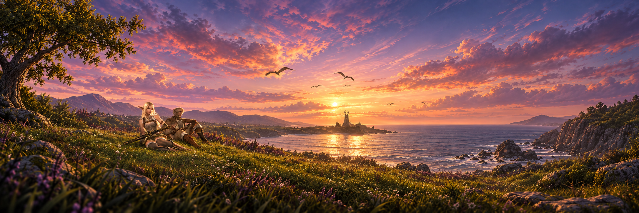 Lineage II elves overlooking a sunset coast